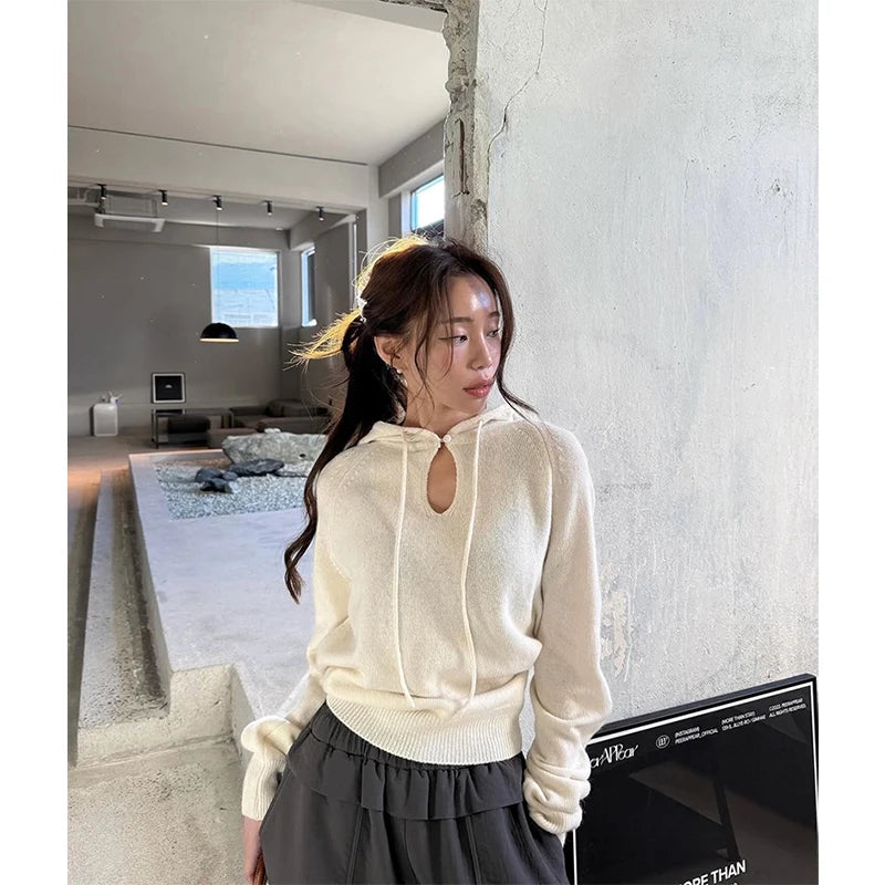Coquette Hollow Out Hooded Knit Pullover