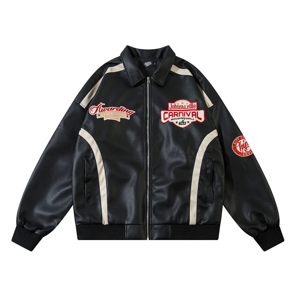 Y2K Embroidered PU Leather Racing Jacket