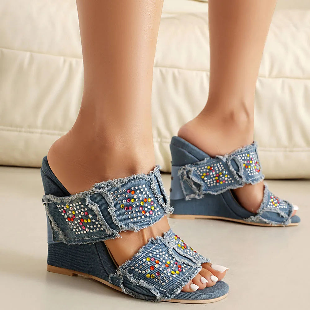 Y2K Crystal Denim Kitten Heel Mule Sandals