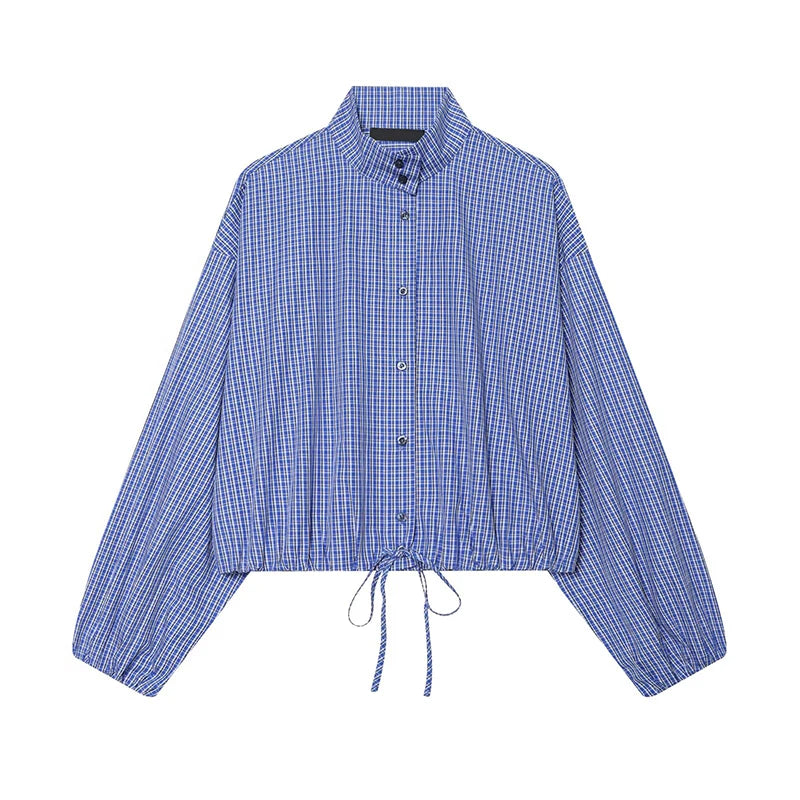 Vintage Plaid Turtleneck Drawstring Short Jacket