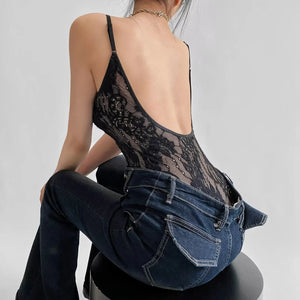Sheer Lace Bodysuit with lace trim, Y2K bodysuit styled with low rise bottoms