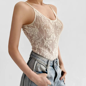 Sheer Lace Bodysuit with lace trim, Y2K bodysuit styled with low rise bottoms