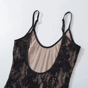 Sheer Lace Bodysuit with lace trim, Y2K bodysuit styled with low rise bottoms