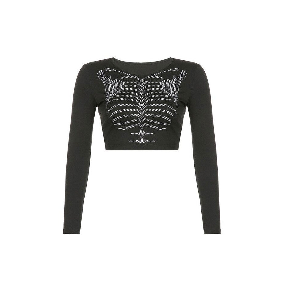 Skeleton Rhinestone Long Sleeve Top