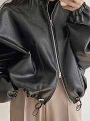 Solid Big Pocket Drawstring Collar Neck Leather Jacket-Jackets-MAUV STUDIO-STREETWEAR-Y2K-CLOTHING