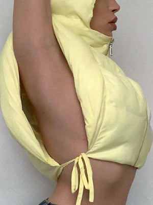 Solid Color Lace Up Hooded Sleeveless Jacket