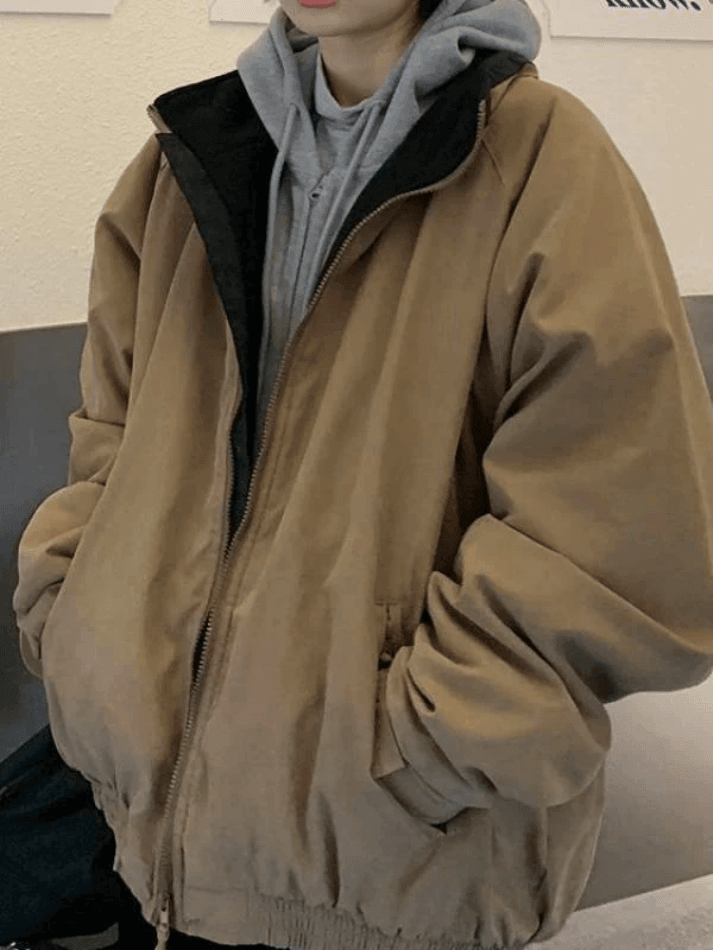 Solid Color Vintage Zip-Up Jacket