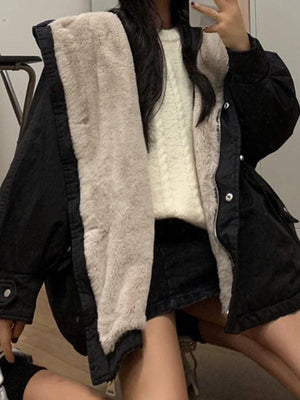 Solid Hooded Drawstring Flap Detail Jacket