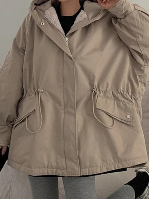 Solid Hooded Drawstring Flap Detail Jacket
