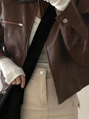 Solid Zip Up Leather Jacket