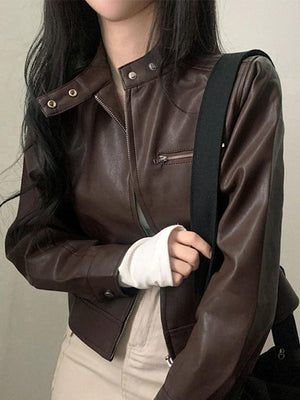 Solid Zip Up Leather Jacket