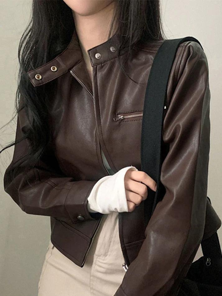 Solid Zip Up Leather Jacket