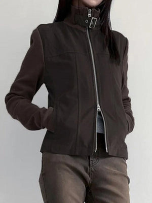 Street Metal Buckle High Neck Splice Cargo Jacket