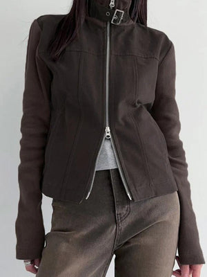 Street Metal Buckle High Neck Splice Cargo Jacket