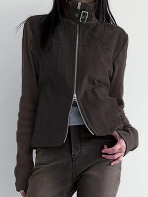 Street Metal Buckle High Neck Splice Cargo Jacket