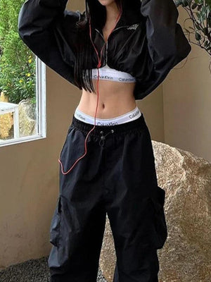 Stretchy Hem Zip Up Lapel Neck Short Jacket