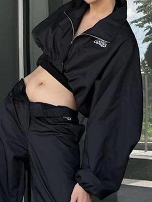 Stretchy Hem Zip Up Lapel Neck Short Jacket