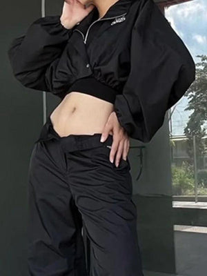 Stretchy Hem Zip Up Lapel Neck Short Jacket