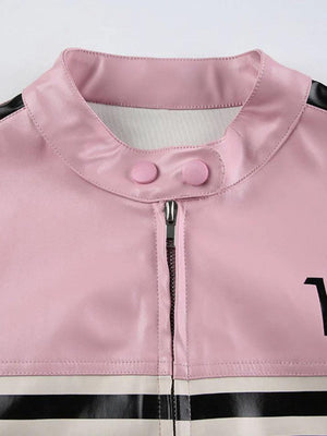 Striped Contrast Color Splice Leather Jacket