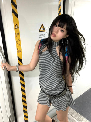 Striped Halter Neck Mini Dress view 2 | MAUVSTUDIO®