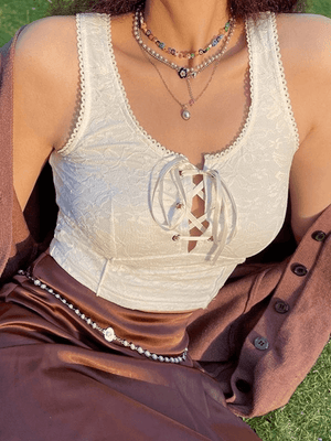 Tie Front Lace Crop Tank Top