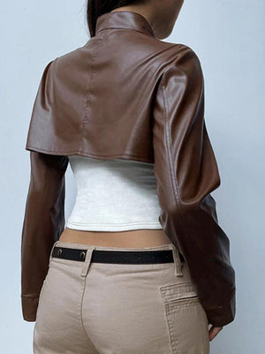 Vintage Brown Ultra Short Metal Buckle Leather Jacket