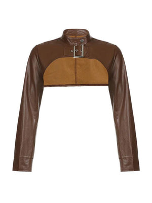 Vintage Brown Ultra Short Metal Buckle Leather Jacket