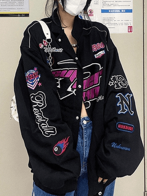 Vintage Embroidered Button-Down Motorcycle Varsity Jacket