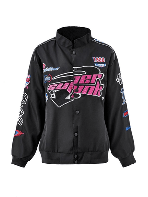 Vintage Embroidered Button-Down Motorcycle Varsity Jacket