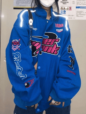 Vintage Embroidered Button-Down Motorcycle Varsity Jacket