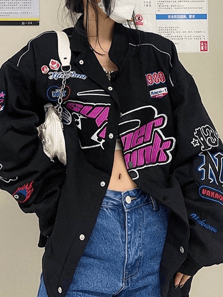 Vintage Embroidered Button-Down Motorcycle Varsity Jacket