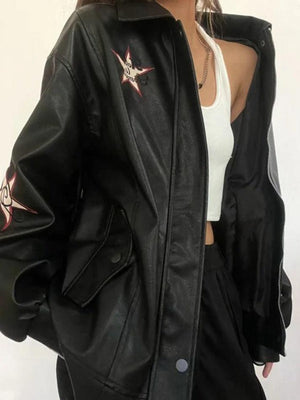 Vintage Embroidery Lapel Neck Leather Jacket