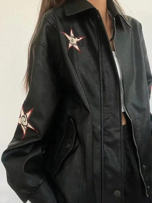 Vintage Embroidery Lapel Neck Leather Jacket