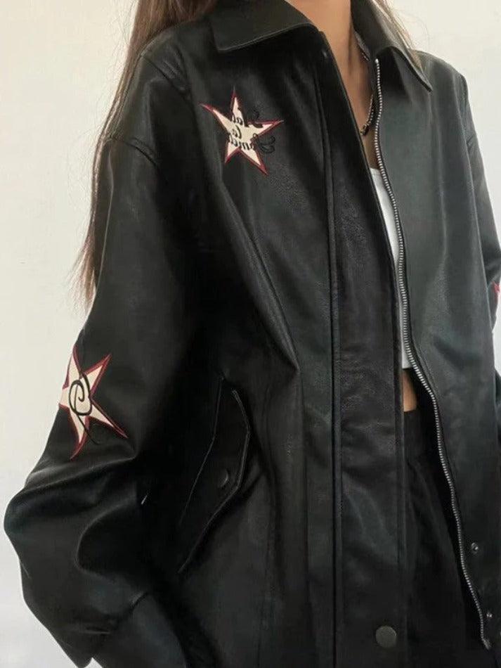 Vintage Embroidery Lapel Neck Leather Jacket