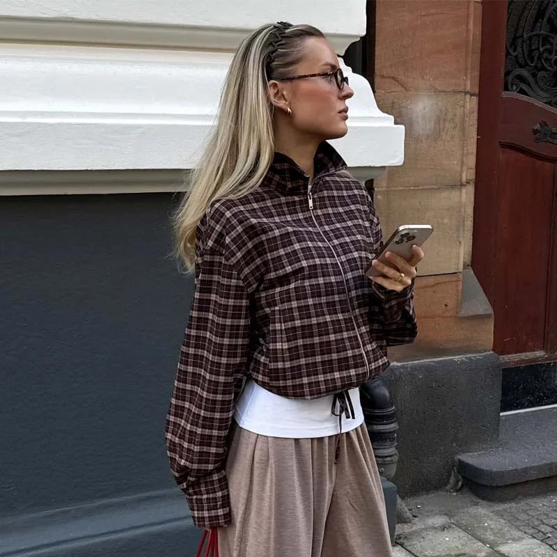 Vintage Plaid Cropped Full-Zip Stand Collar Jacket