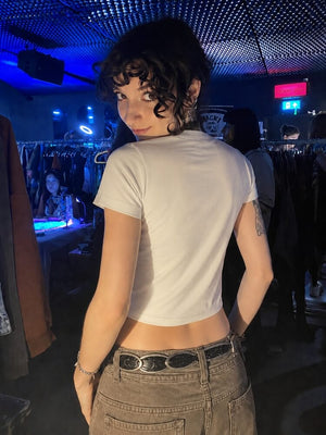 Weirdcore Crop Tee with cropped cut, Y2K baby tee styled with low rise bottoms