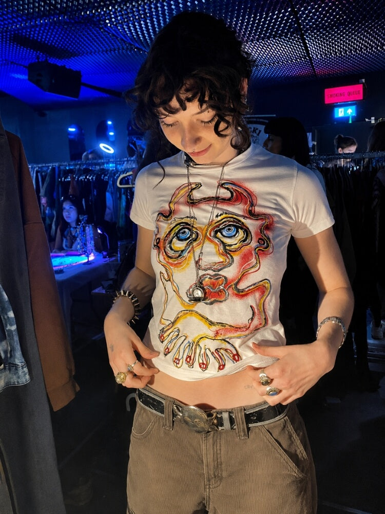 Weirdcore Crop Tee with cropped cut, Y2K baby tee styled with low rise bottoms