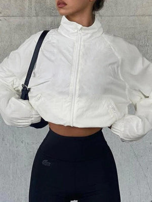 White Stretchy Hem Cargo Style Thin Crop Jacket
