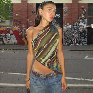 Y2K Abstract One Shoulder Top with cropped cut, Y2K top styled with low rise bottoms