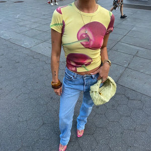 Y2K Cherry Baby Tee with cropped cut, Y2K baby tee styled with low rise bottoms
