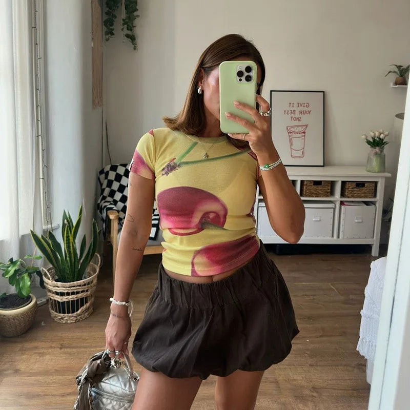 Y2K Cherry Baby Tee with cropped cut, Y2K baby tee styled with low rise bottoms