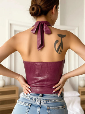 Y2K Crocodile Halter Top with plunging neckline, Y2K halter top styled with low rise bottoms