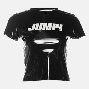 Y2K Cyber Jump Tee with cropped cut, Y2K baby tee styled with low rise bottoms