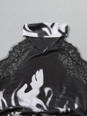Y2K Cyber Lace Top with lace trim, Y2K halter top styled with low rise bottoms