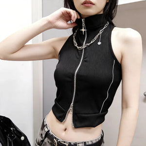 Y2K Cyber Zip Crop Top with lace trim, Y2K crop top styled with low rise bottoms