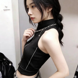 Y2K Cyber Zip Crop Top with lace trim, Y2K crop top styled with low rise bottoms