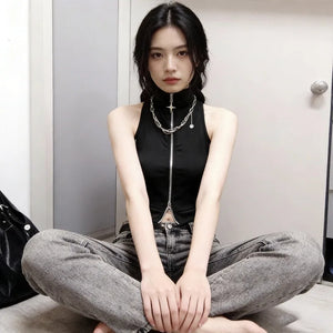 Y2K Cyber Zip Crop Top with lace trim, Y2K crop top styled with low rise bottoms