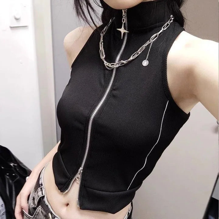 Y2K Cyber Zip Crop Top with lace trim, Y2K crop top styled with low rise bottoms