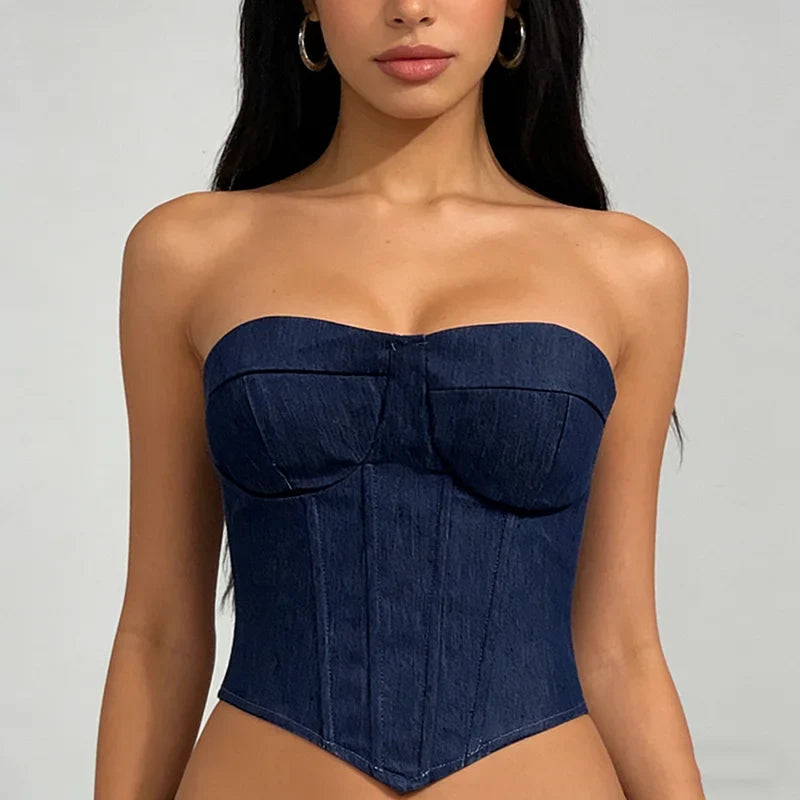 Y2K Denim Strapless Corset with lace trim, Y2K corset styled with low rise bottoms