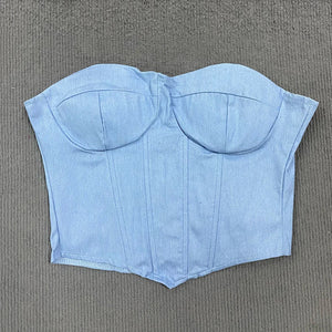 Y2K Denim Strapless Corset with lace trim, Y2K corset styled with low rise bottoms